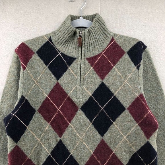 J. Crew Wool Argyle 1/4 Zip Sweater Mens Small S Olive Burgundy Academia Preppy - Picture 4 of 12